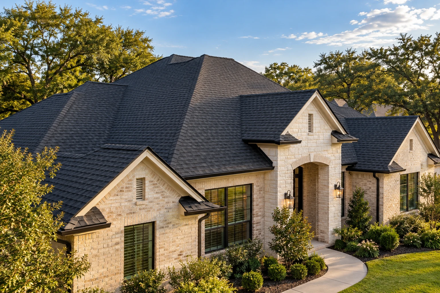Illustrative Texas brick home with a charcoal shingle roof and mature trees